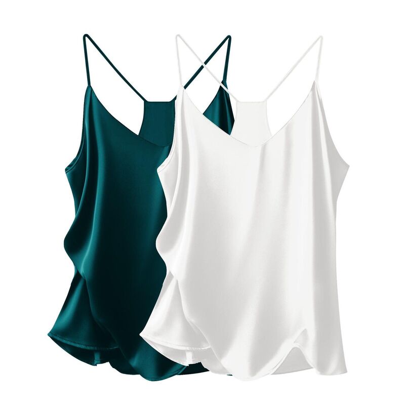 エコアー レディース トップス プルオーバー Vのど首 繻子 絹地 Ekouaer Womensatin Cami Tops 2 Pack V Neck Silk Camisole Tank Top Green White 白いこと