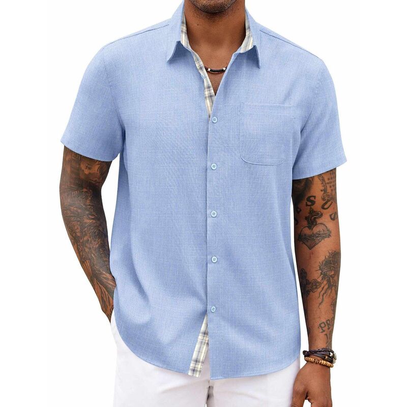 クーファンディ レディース トップス プルオーバー 名取り草落ちこむ COOFANDY Men\u0027 Button Down Shirtshort Sleeve Casual Shirtsummer Beach Shirts Vacation Wedding Denim Blue ジーンズ