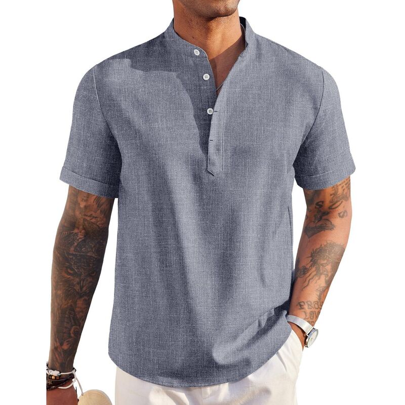 クーファンディ レディース トップス プルオーバー リネン COOFANDY Men\u0027 Linen Henley Shirt Short Sleeve Hippie Casual Beach T Shirts Band Collar Summer Blue 青色