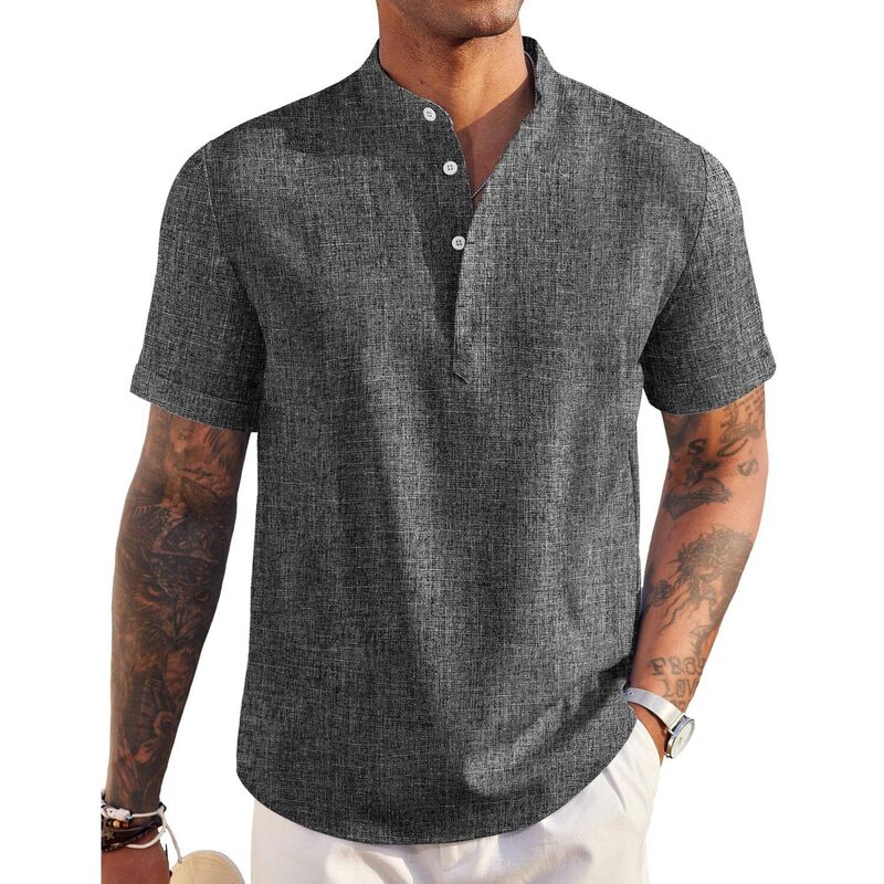 クーファンディ レディース トップス プルオーバー リネン COOFANDY Men\u0027 Linen Henley Shirt Short Sleeve Hippie Casual Beach T Shirts Band Collar Summer Dark Grey 薄墨色