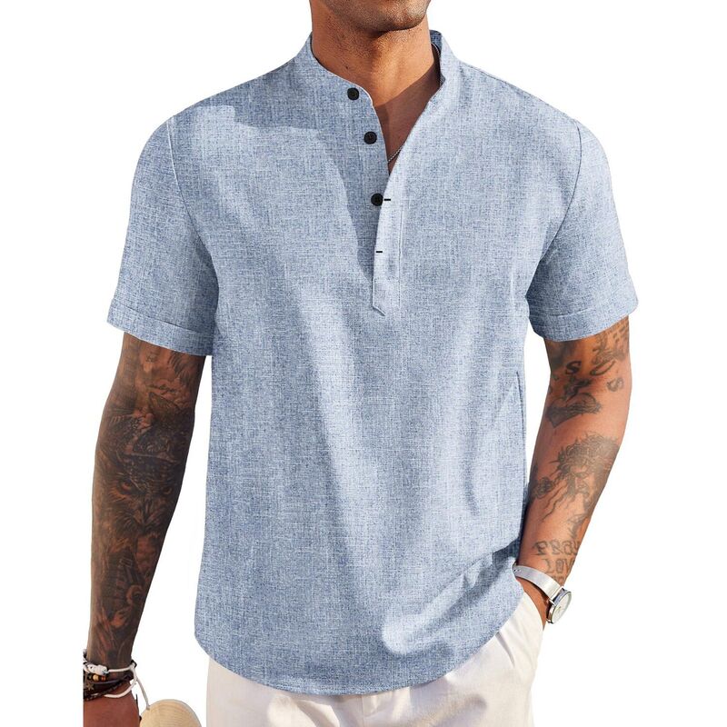 クーファンディ レディース トップス プルオーバー リネン COOFANDY Men\u0027 Linen Henley Shirt Short Sleeve Hippie Casual Beach T Shirts Band Collar Summer Flecking Blue 青色
