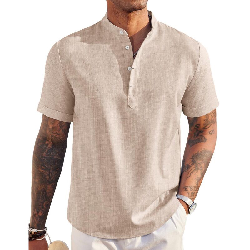 クーファンディ レディース トップス プルオーバー リネン COOFANDY Men\u0027 Linen Henley Shirt Short Sleeve Hippie Casual Beach T Shirts Band Collar Summer Khaki カーキ