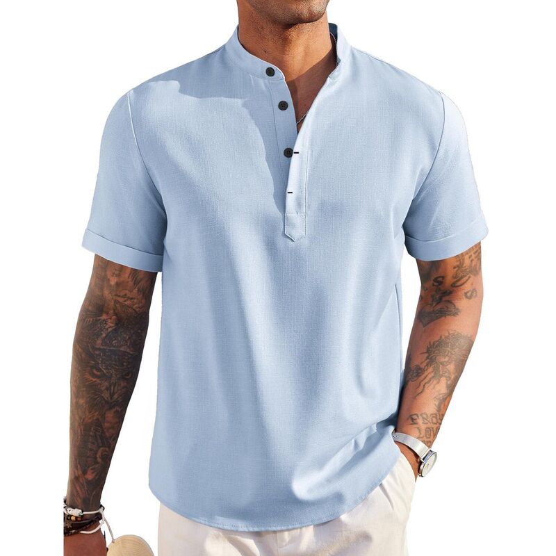 クーファンディ レディース トップス プルオーバー リネン COOFANDY Men\u0027 Linen Henley Shirt Short Sleeve Hippie Casual Beach T Shirts Band Collar Summer Light Blue 青色