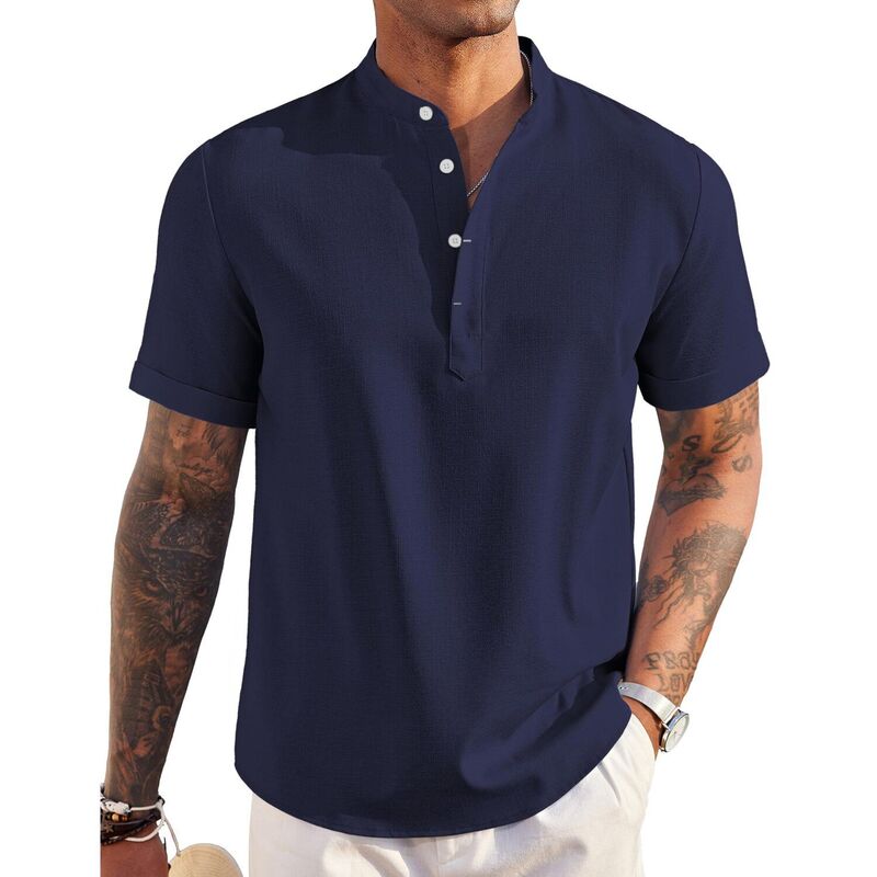 クーファンディ レディース トップス プルオーバー リネン COOFANDY Men\u0027 Linen Henley Shirt Short Sleeve Hippie Casual Beach T Shirts Band Collar Summer Navy Blue 米国海軍