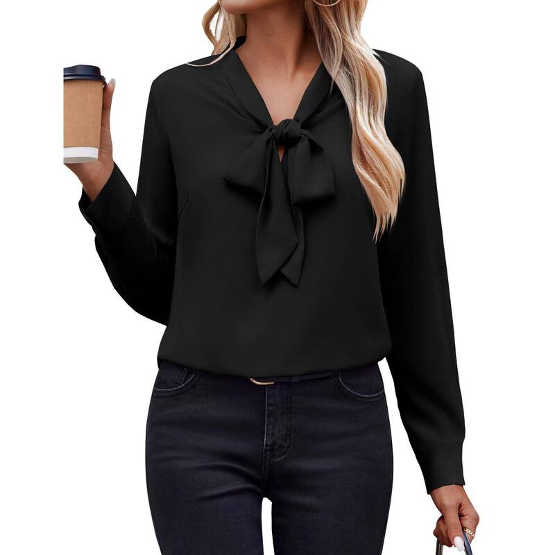 ジーグー レディース トップス プルオーバー シフォン トップ Zeagoo White Blouse for Women Long Sleeve Work Casual Chiffon Tops Bow Tie Ladies Businesshirts Black 黒いこと