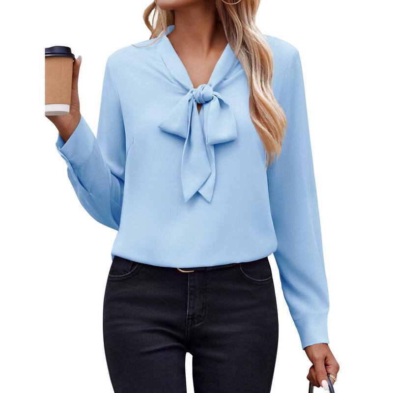 ジーグー レディース トップス プルオーバー シフォン トップ Zeagoo White Blouse for Women Long Sleeve Work Casual Chiffon Tops Bow Tie Ladies Businesshirts Light Blue 青色