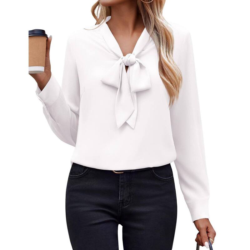 ジーグー レディース トップス プルオーバー シフォン トップ Zeagoo White Blouse for Women Long Sleeve Work Casual Chiffon Tops Bow Tie Ladies Businesshirts White 白いこと