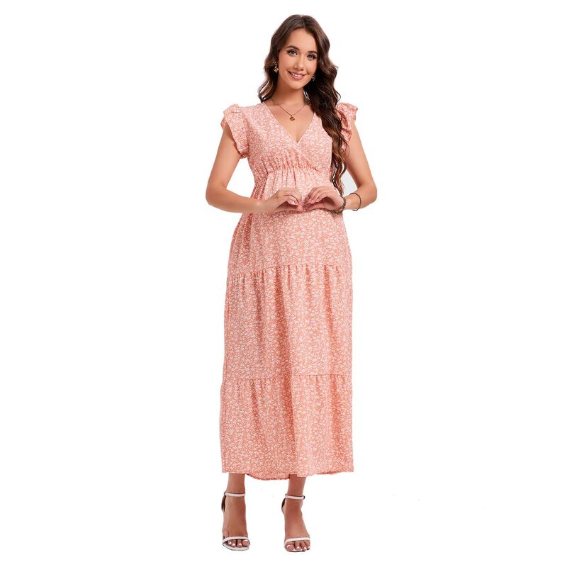 コジョイン レディース トップス ワンピース Vネック フラワー柄 プリント ベスト スカート フラワー Kojooin Women'summer Dress Vestido Bohemian V-Neck Printed Long Skirt Floral Dress Robe Orange オレンジ｜ReVida 店