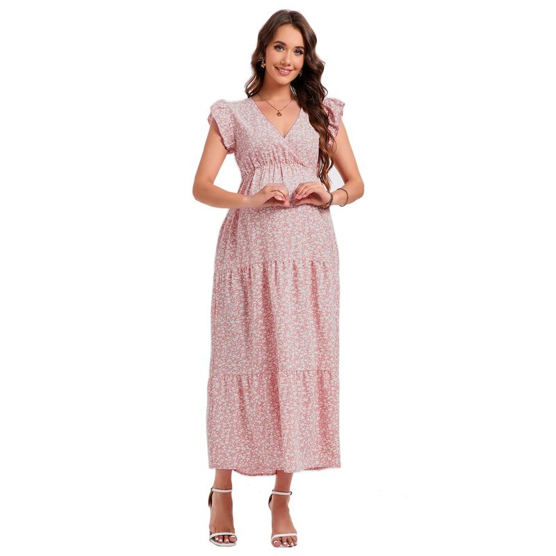 コジョイン レディース トップス ワンピース Vネック フラワー柄 プリント ベスト スカート フラワー Kojooin Women'summer Dress Vestido Bohemian V-Neck Printed Long Skirt Floral Dress Robe Pink ピンク|ReVida 店