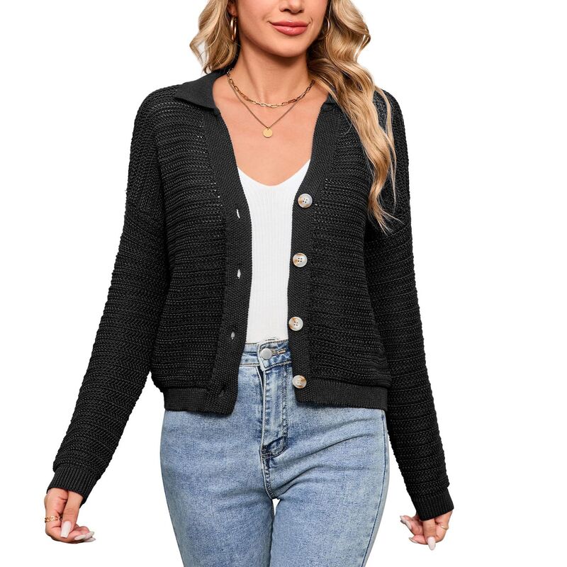 コジョイン レディース アウター ニット・セーター カーディガン Kojooin Women Lightweight Lapel Collar Hollow Out Cardigan Sweaters Black ブラック|ReVida 店