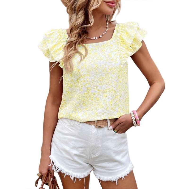 クリアフラワー レディース トップス シャツ シフォン フリル ClearFlower Womens Bow Tie Back Tops Round Neck Ruffle Short Sleeve Shirts Cute Babydoll Chiffon Summer Tunic Yellow イエロー|ReVida 店