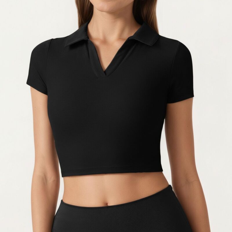 アンナカシ レディース トップス Tシャツ Vネック ポロシャツ クロップド Anna-Kaci Women'short Sleeve Cropped Active Polo Top with Collared V Neck and Stretch Fit Black ブラック｜ReVida 店