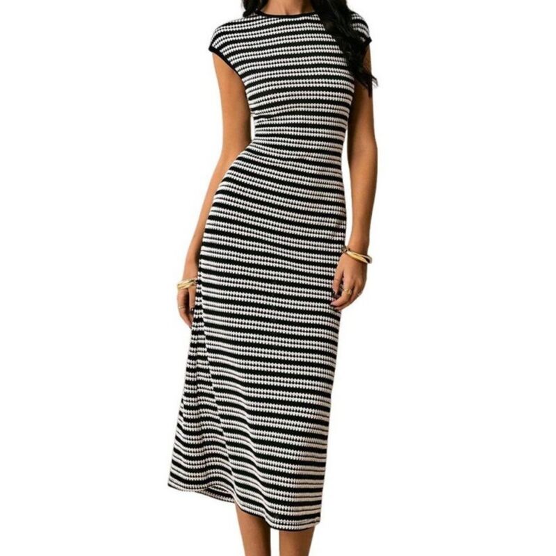 イエスファッション レディース トップス ワンピース クルーネック ミディ ニット Yesfashion Womensummer Bodycon Striped Midi Dress Crewnecknit Dresses Beach Vacation Travel Clothes Black ブラック｜ReVida 店