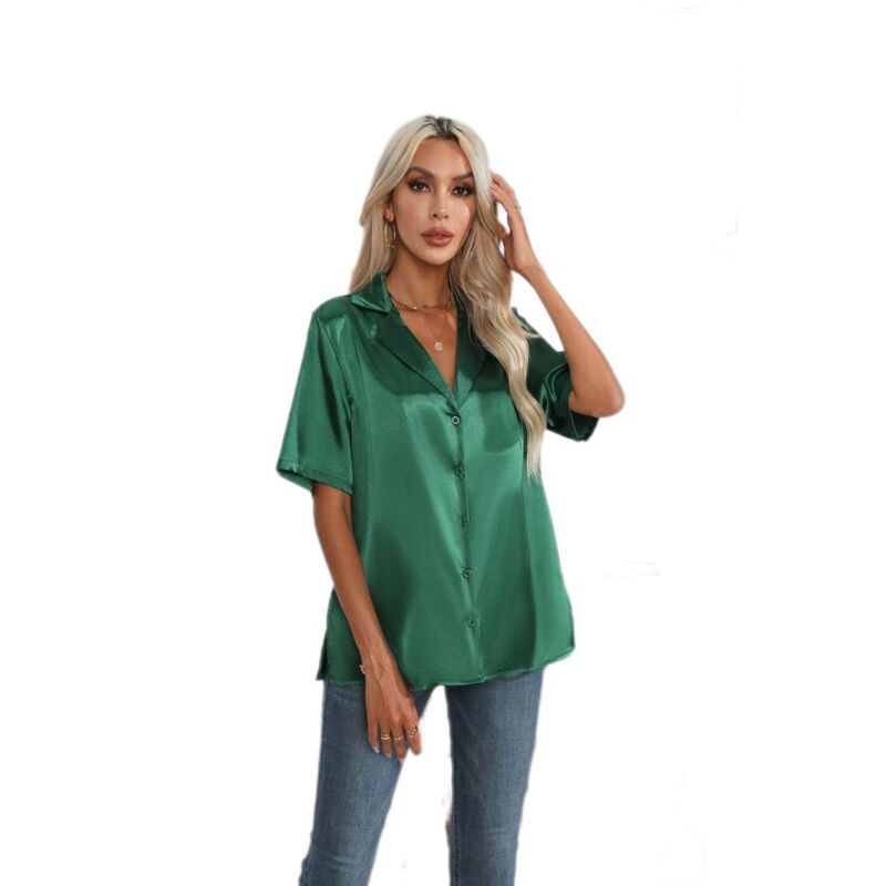イエスファッション レディース トップス シャツ Vネック ボタンダウン サテン シルク ダウン ブラウス Yesfashion Women Silk Button Down Up Collared Shirtshort Sleeve V Neck Summer Tops Casual Work Satin Blouses Green グリーン｜ReVida 店