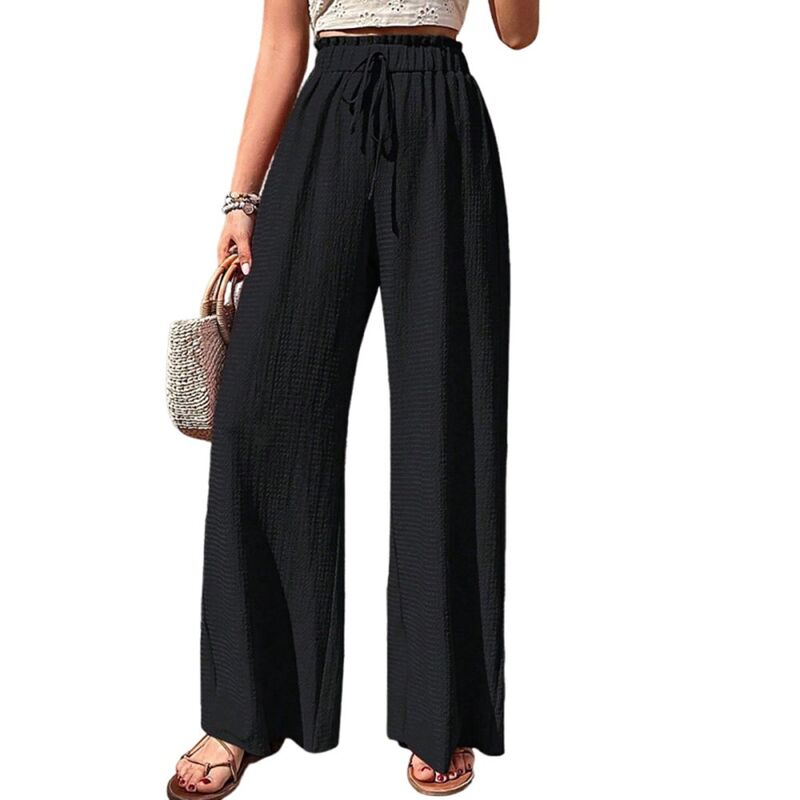 ジョイジョイ レディース ボトムス カジュアルパンツ ワイドレッグ JoyJoy Women Bubble Plaid Casual Wide Leg Pants Elastic Waist Drawstring Straight Pants Daily Loose Pants Black ブラック|ReVida 店