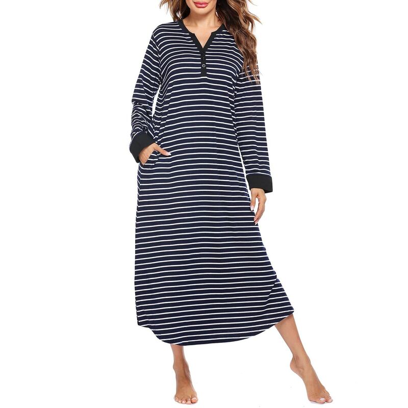 エコアー レディース アンダー御召しもの ナイト爵御召しもの プルオーバー マキシ Ekouaer Long Sleeve Nightgown for Women Fullength Sleep Dress Maxi Night Shirt Casualounge Blue Stripe 青み
