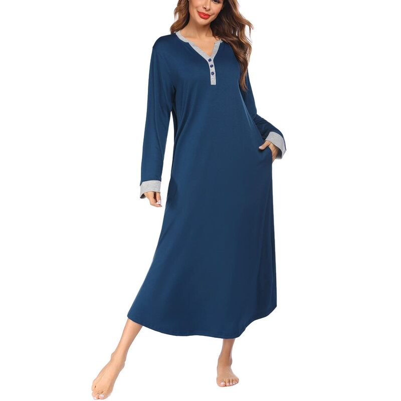 エコアー レディース アンダー御召しもの ナイト爵御召しもの プルオーバー マキシ Ekouaer Long Sleeve Nightgown for Women Fullength Sleep Dress Maxi Night Shirt Casualounge Navy 米国海軍