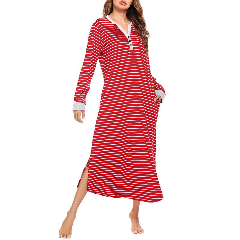 エコアー レディース アンダー御召しもの ナイト爵御召しもの プルオーバー マキシ Ekouaer Long Sleeve Nightgown for Women Fullength Sleep Dress Maxi Night Shirt Casualounge Red Stripe 赤いこと