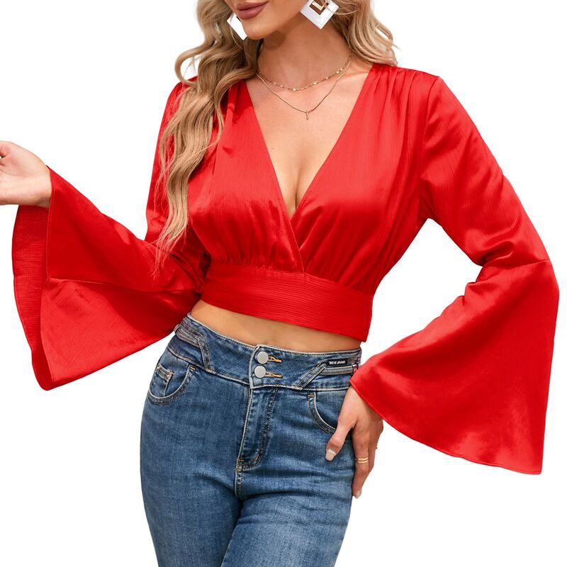 ファンジュライ レディース トップス プルオーバー Vネックロップド FUNJULY Women\u0027s Banded Waist V Neck Bellong Sleeve Cropped Casual T Shirt Red 赤いこと