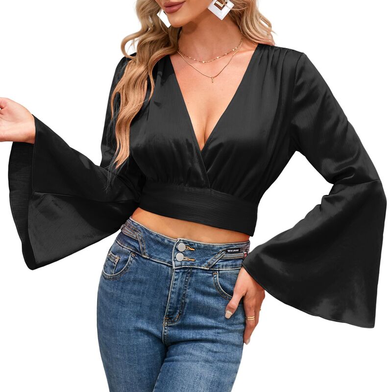 エリートチョイス レディース トップス プルオーバー Vネックロップド Elitechoice Women\u0027s Casual Wrap V Neck Bell Sleeve Cropped T Shirt Black 黒いこと