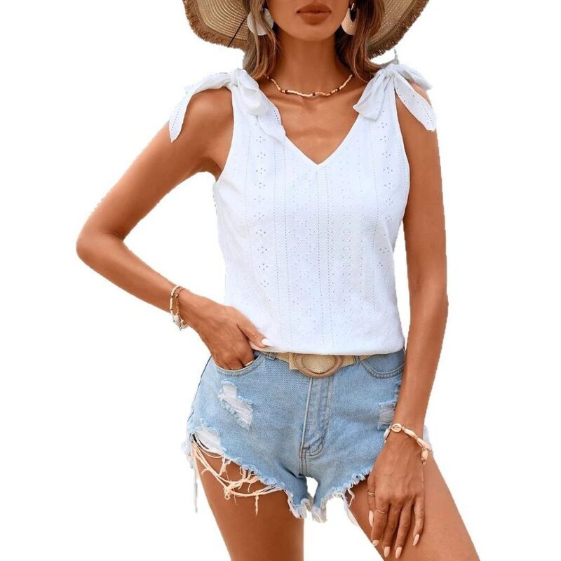 上半身大きさ レディース トップス プルオーバー Vのど首 ノースリーブ 刺しゅう トップ BODDYSIZE Women\u0027s Casual Beach Embroidered Blouse V Neck Eyelet Sleeveless Top Shoulder Tie Bowshirt White 白いこと