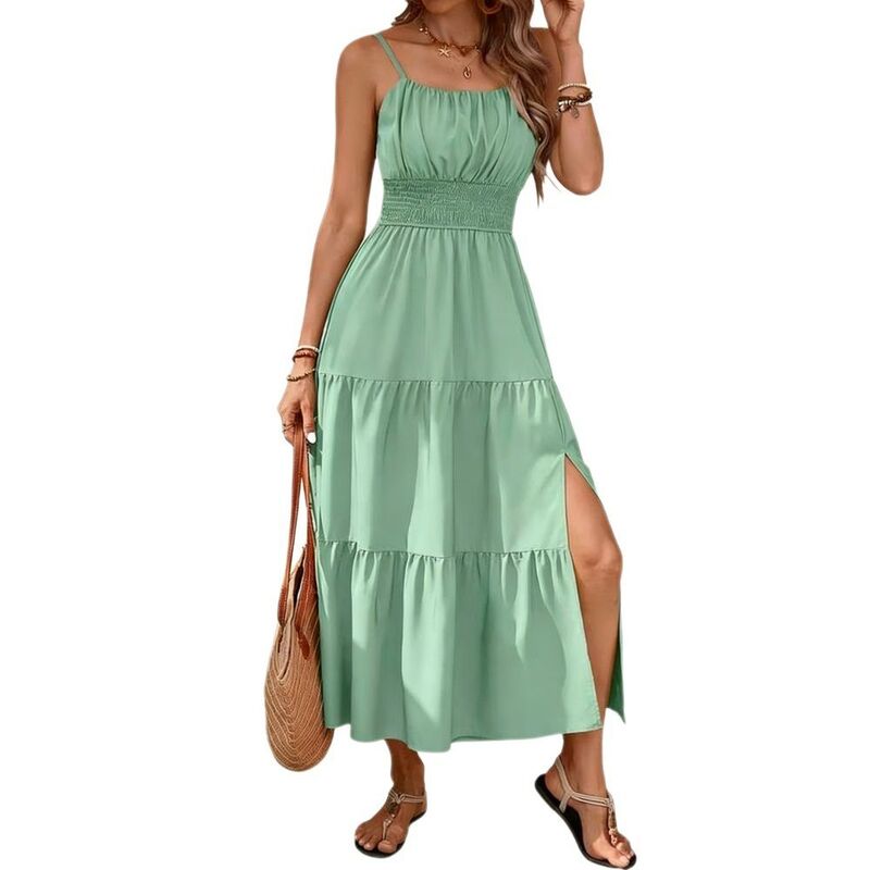 上半身大きさ レディース トップス 衣装 ティアード ノースリーブ シャーリング BODDYSIZE Women\u0027s Beach Casual Boho Dressleevelesspaghetti Strap Dressmocked Tiered Long Sundress Green 緑であること