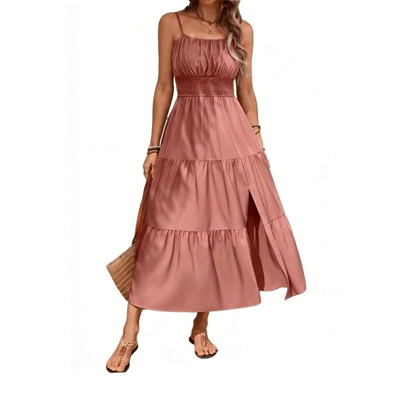 ボディサイズ レディース トップス ワンピース ティアード ノースリーブ シャーリング BODDYSIZE Women's Beach Casual Boho Dressleevelesspaghetti Strap Dressmocked Tiered Long Sundress Pink ピンク｜ReVida 店 9,840円