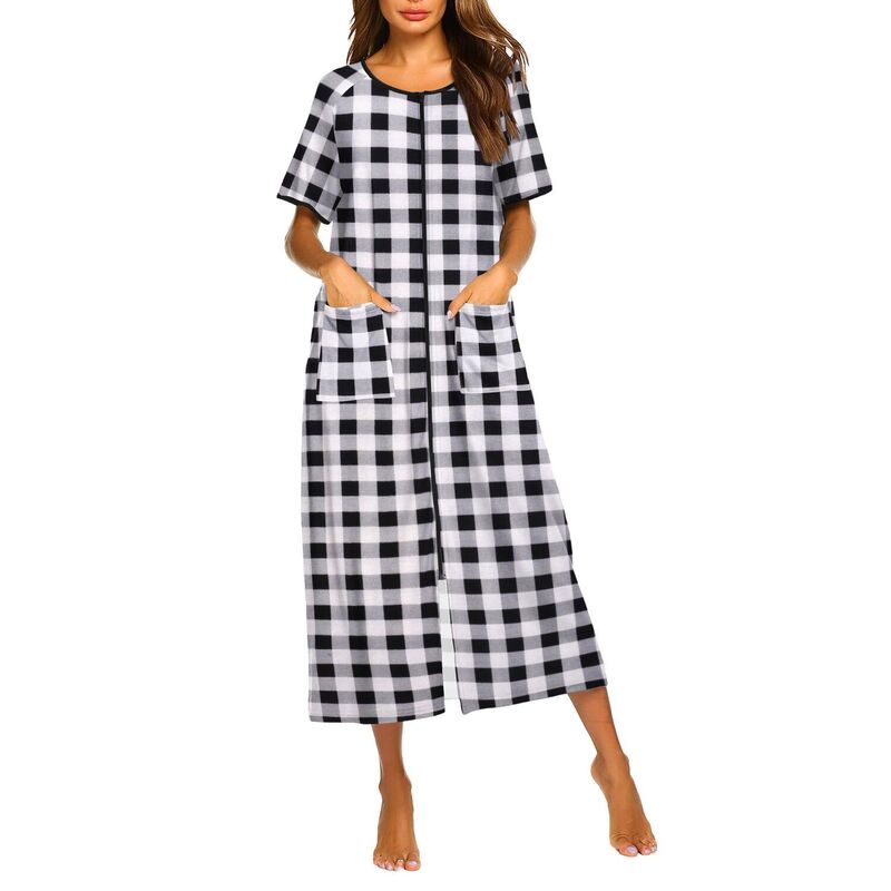 エコアー レディース アンダー御召しもの ナイト爵御召しもの 厚地の外套 Ekouaer Women Robes Zipper Front Short Sleeve Fullengthousecoat with Pockets Loungewear Black Plaid 黒いこと