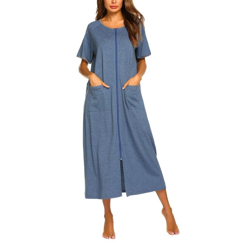 エコアー レディース アンダー御召しもの ナイト爵御召しもの 厚地の外套 Ekouaer Women Robes Zipper Front Short Sleeve Fullengthousecoat with Pockets Loungewear Steel Blue 青み