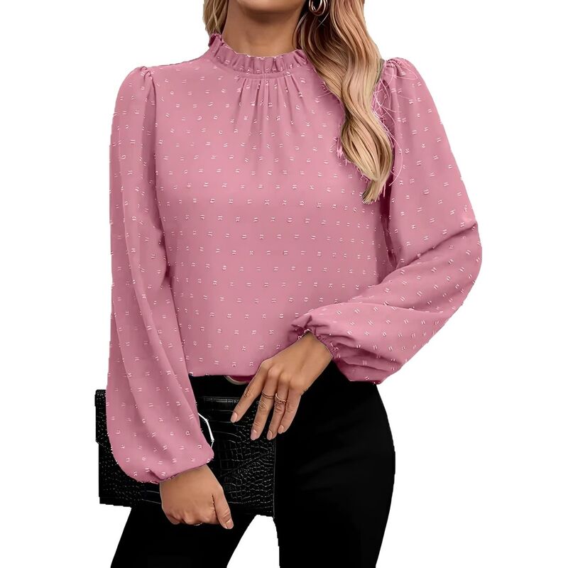 ジョイジョイ レディース トップス プルオーバー 労働者の一団のど首 筋目 フラウンス トップ JoyJoy Women Swiss Dot Shirt Ruffle Long Sleeve Pleated Crew Neck Blouse Casualoose Tops Pink サクラ色