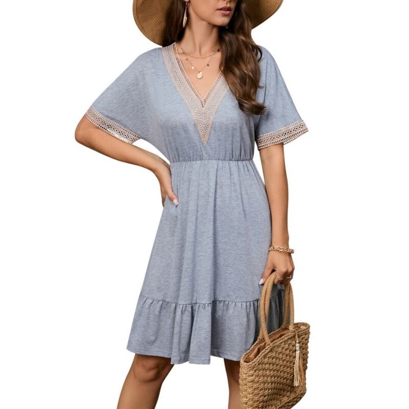 上半身大きさ レディース トップス 衣装 Vのど首 A 生産ライン MIDI スピード競技 BODDYSIZE Women\u0027s A Line Midi Dressesummer Dress Hollow Out Lace V Neck Short Sleeve Dress Gray 薄墨色
