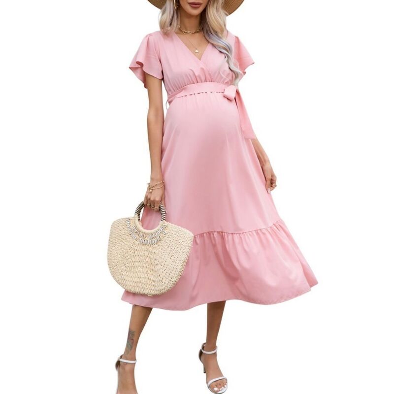 上半身大きさ レディース トップス 衣装 Vのど首 ティアード 帝国 マタニティ BODDYSIZE Women\u0027s Baby Shower Boho Dressummer V Neck Short Sleeve Maternity Dress Empire Waistiered Pink サクラ色