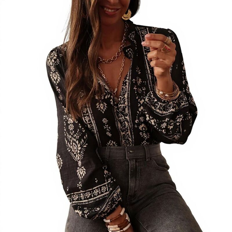 上半身大きさ レディース トップス プルオーバー Vのど首 軽気球スリートップ BODDYSIZE Womens Casual Vacation Wear Loose Fit Boho Blouse Split V-Neck Button Front Balloon Sleeveshirt Black 黒いこと