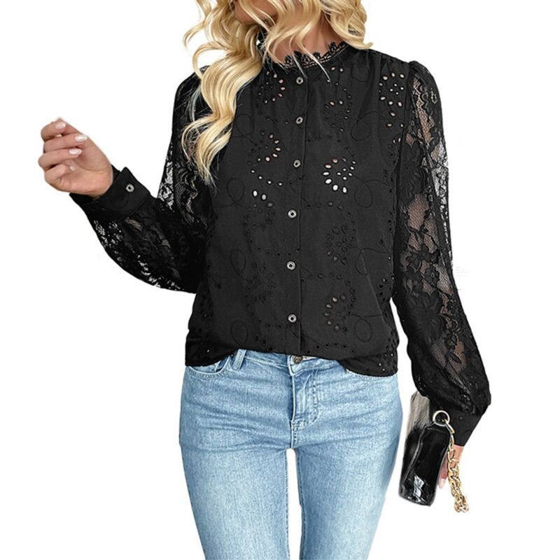 救い主流行り物 レディース トップス プルオーバー トップ スピード競技 Yesfashion Women\u0027s Dressy Casualace Patch Blouse Long Sleeve Button Up Shirts Tops Fashion Clothes Black 黒いこと