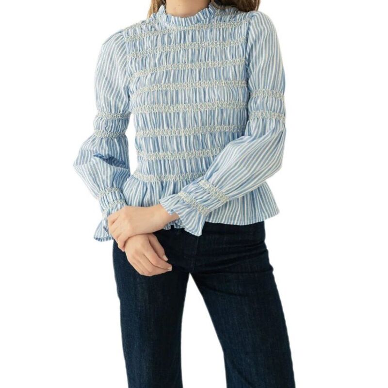 救い主流行り物 レディース トップス プルオーバー フラウンス シャーリング トップ Yesfashion Women\u0027short Sleeve Blouselegant Striped Smocked Ruffle Neck Top Light Blue 青色