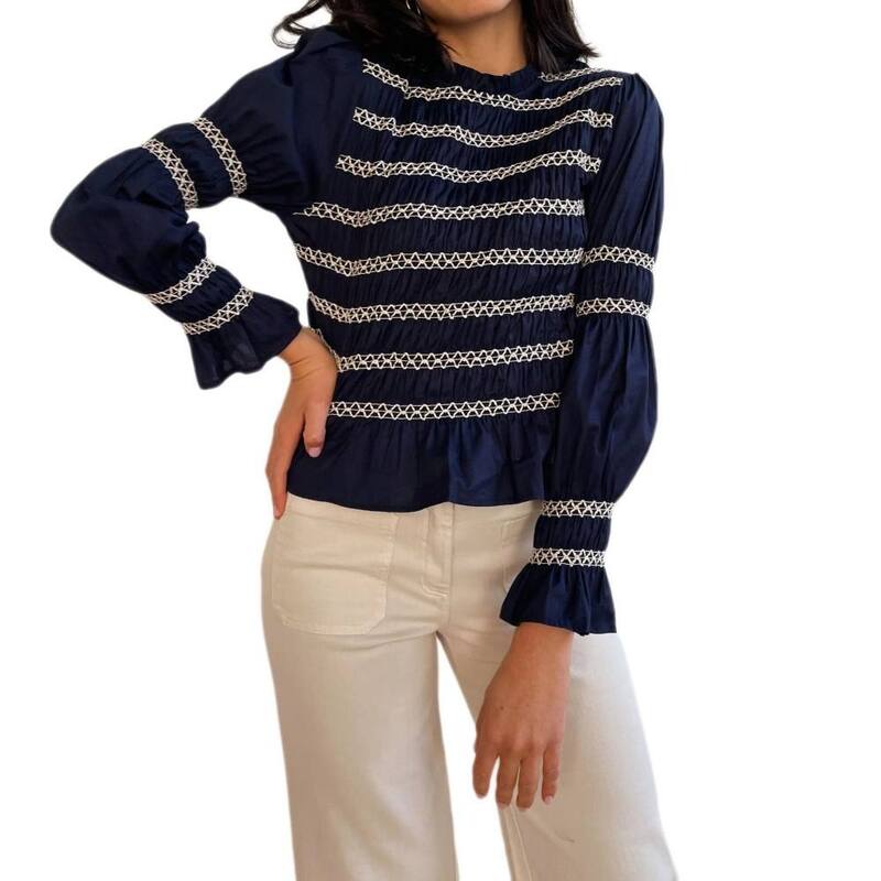 救い主流行り物 レディース トップス プルオーバー フラウンス シャーリング トップ Yesfashion Women\u0027short Sleeve Blouselegant Striped Smocked Ruffle Neck Top Navy Blue 米国海軍