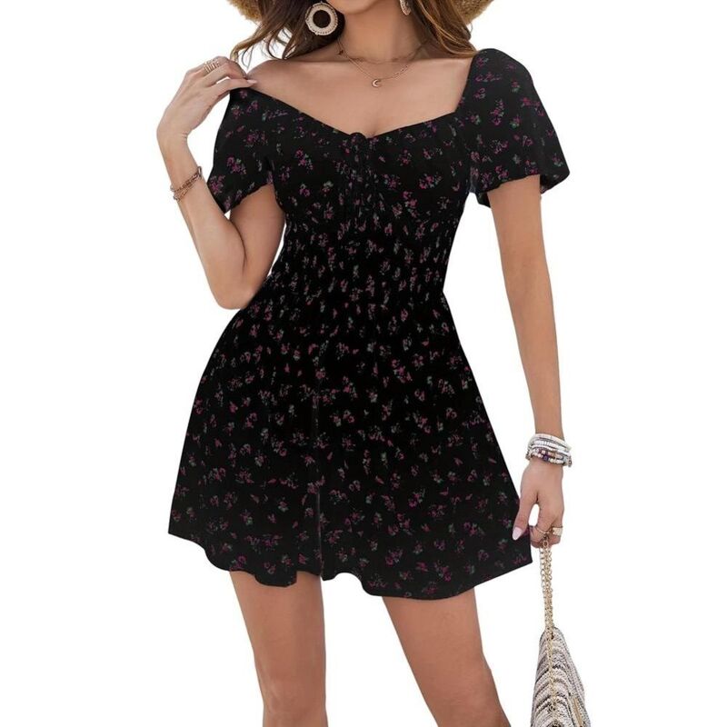 上半身大きさ レディース トップス 衣装 A 生産ライン 御花柄 ミニ 御花 BODDYSIZE Womens Floral Bohoff Shoulder Dresshort Sleeve Vacation Mini Dresself Tie Front A Line Dress Black Flower 黒いこと