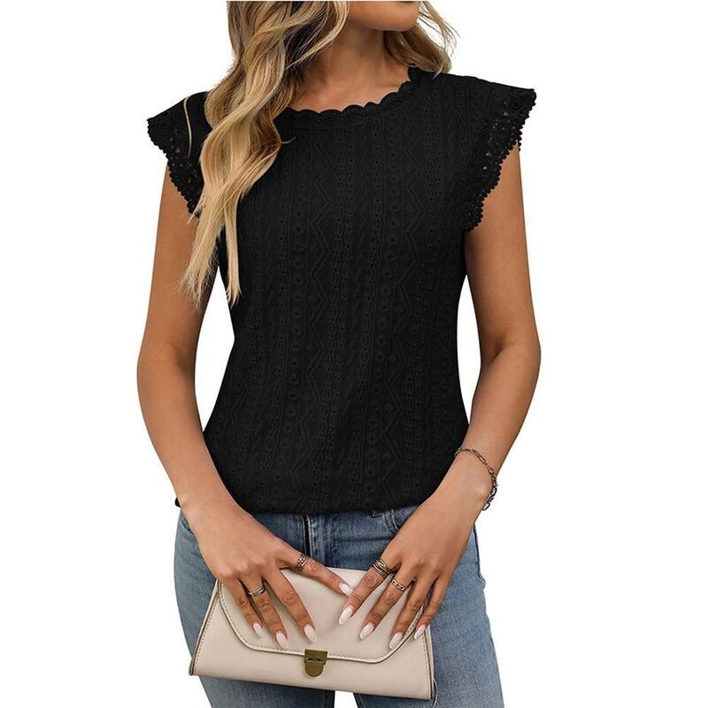 ジョイジョイ レディース トップス プルオーバー 労働者の一団のど首 スピード競技 JoyJoy Women Crew Neck Short Sleeve Lace Splice Hollow Out-Shirt Casualoose Top Daily Commute Tops Black 黒いこと