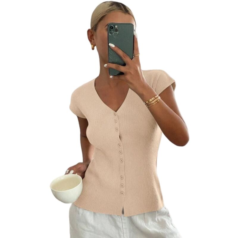コジョイン レディース トップス Tシャツ スリムフィット リブ ニット Kojooin Women's Ribbed Knit Button Front Short Sleeve Topslim Fit Casual Summer T-Shirts Beige ベージュ|ReVida 店