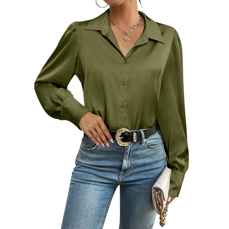 ジーグー レディース トップス プルオーバー 名取り草落ちこむ 絹地 落ちこむ トップ Zeagoo Silk Button Down Blouse for Women Lantern Sleeve Shirt Dressy Casual Work Tunic Top Army Green 緑であること
