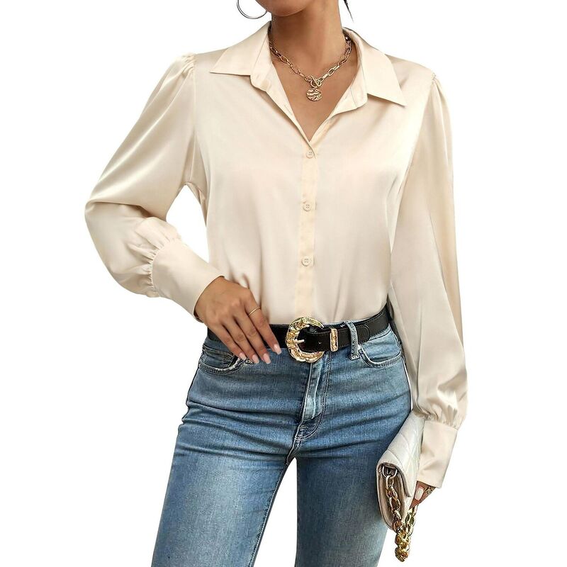 ジーグー レディース トップス プルオーバー 名取り草落ちこむ 絹地 落ちこむ トップ Zeagoo Silk Button Down Blouse for Women Lantern Sleeve Shirt Dressy Casual Work Tunic Top Beige ベージュ