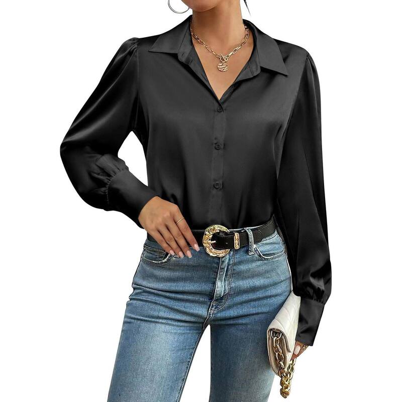 ジーグー レディース トップス プルオーバー 名取り草落ちこむ 絹地 落ちこむ トップ Zeagoo Silk Button Down Blouse for Women Lantern Sleeve Shirt Dressy Casual Work Tunic Top Black 黒いこと