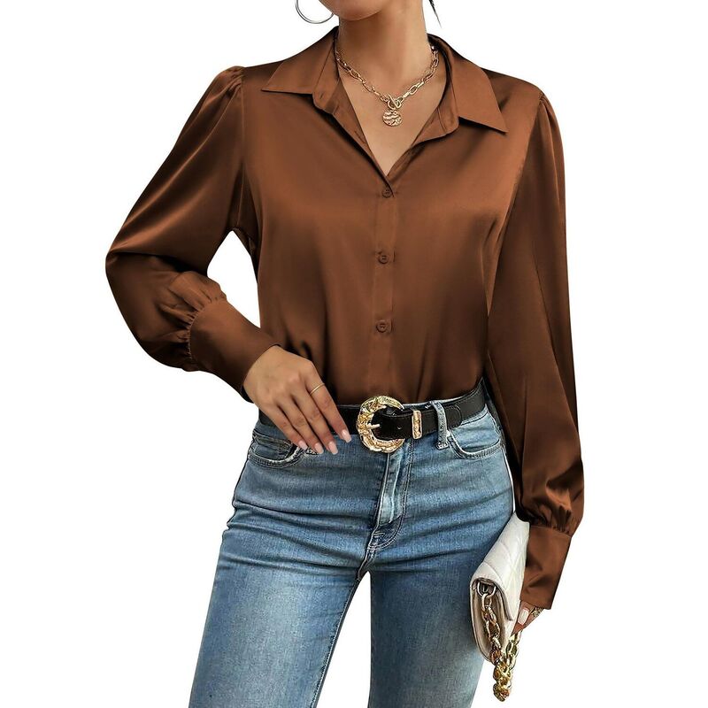 ジーグー レディース トップス プルオーバー 名取り草落ちこむ 絹地 落ちこむ トップ Zeagoo Silk Button Down Blouse for Women Lantern Sleeve Shirt Dressy Casual Work Tunic Top Brown 赤銅色