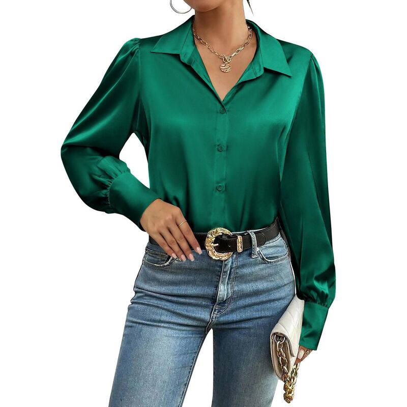 ジーグー レディース トップス プルオーバー 名取り草落ちこむ 絹地 落ちこむ トップ Zeagoo Silk Button Down Blouse for Women Lantern Sleeve Shirt Dressy Casual Work Tunic Top Green 緑であること