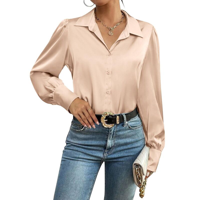 ジーグー レディース トップス プルオーバー 名取り草落ちこむ 絹地 落ちこむ トップ Zeagoo Silk Button Down Blouse for Women Lantern Sleeve Shirt Dressy Casual Work Tunic Top Light Khaki カーキ