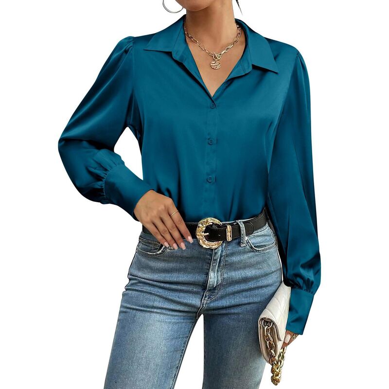 ジーグー レディース トップス プルオーバー 名取り草落ちこむ 絹地 落ちこむ トップ Zeagoo Silk Button Down Blouse for Women Lantern Sleeve Shirt Dressy Casual Work Tunic Topeacock Blue 青色