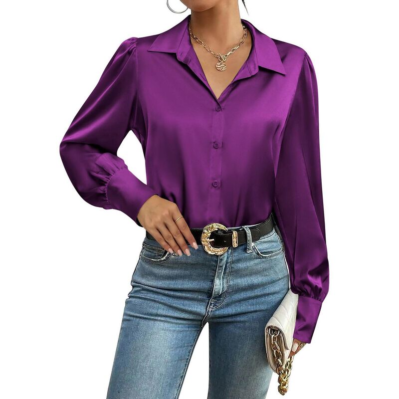 ジーグー レディース トップス プルオーバー 名取り草落ちこむ 絹地 落ちこむ トップ Zeagoo Silk Button Down Blouse for Women Lantern Sleeve Shirt Dressy Casual Work Tunic Topurple パープル