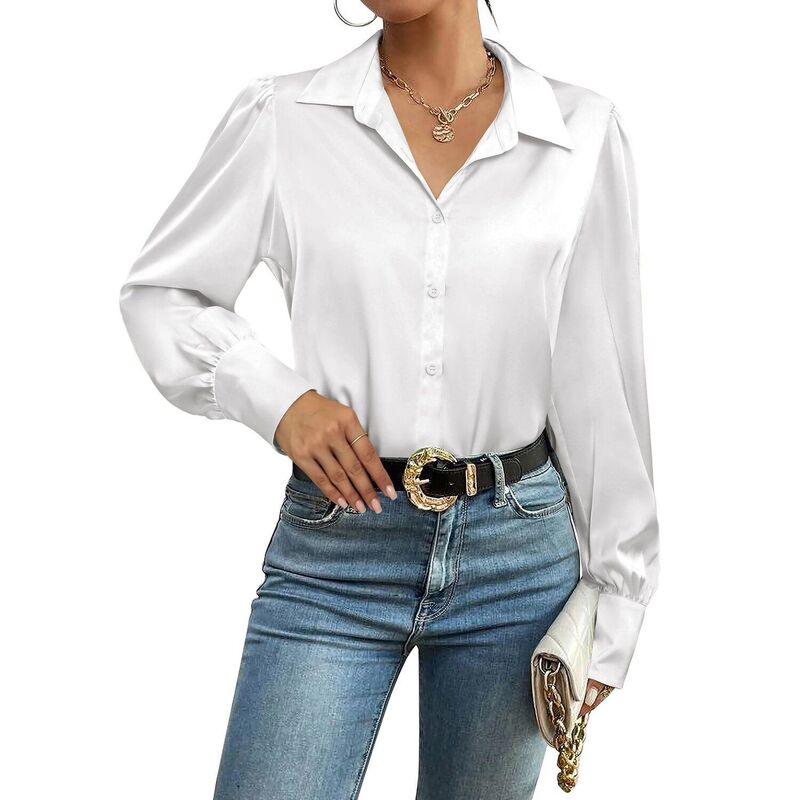ジーグー レディース トップス プルオーバー 名取り草落ちこむ 絹地 落ちこむ トップ Zeagoo Silk Button Down Blouse for Women Lantern Sleeve Shirt Dressy Casual Work Tunic Top White 白いこと