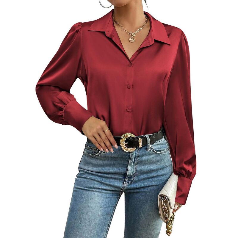 ジーグー レディース トップス プルオーバー 名取り草落ちこむ 絹地 落ちこむ トップ Zeagoo Silk Button Down Blouse for Women Lantern Sleeve Shirt Dressy Casual Work Tunic Top Wine Red 赤いこと