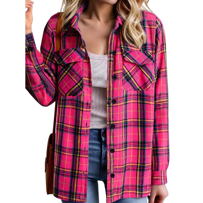 ジーグー レディース トップス プルオーバー トップ Zeagoo Women\u0027s Oversized Flannel Plaid Button Up Blouses Long Sleeve Western Fall Tops Hot Pink サクラ色